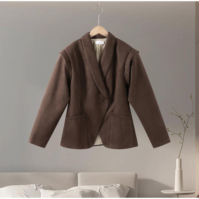 Dark Brown Suede Laplel Jacket Women's Warm Long Sleeve Commute Outerwear Retro British Style Temperament Jacket Autumn 2025