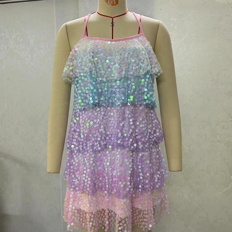 

2024 Summer European and American Foreign Trade Women clothes Temperament Sexy Sling Backless Patchwork Contrast Color Gradient Sequins Dress 2 pink. XL
