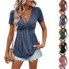 Ladies' Casual Solid-color V-neck Short-sleeved Knotted Cinched Waist Top T-shirt