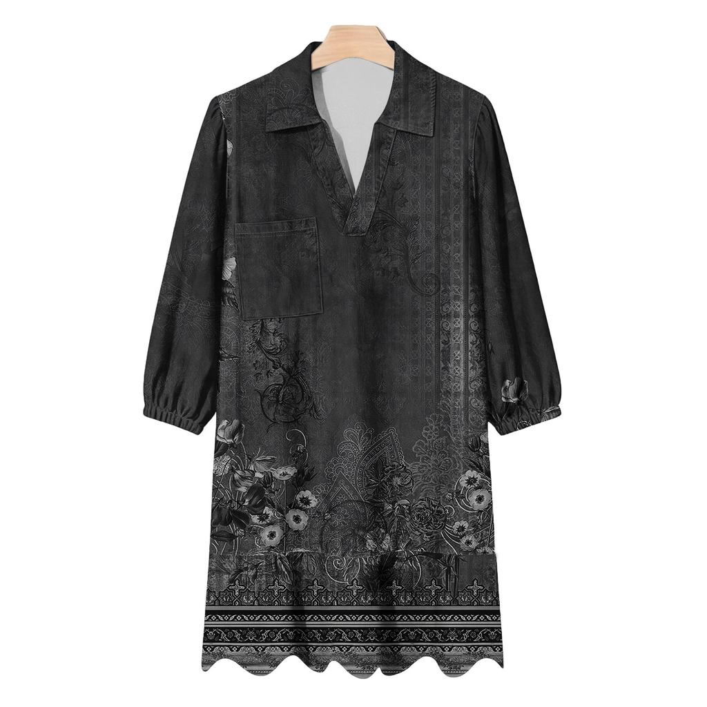 Women's Fashion Elegant Autmn And Winter Long Sleeve V,Neck Christmas Print Dress
