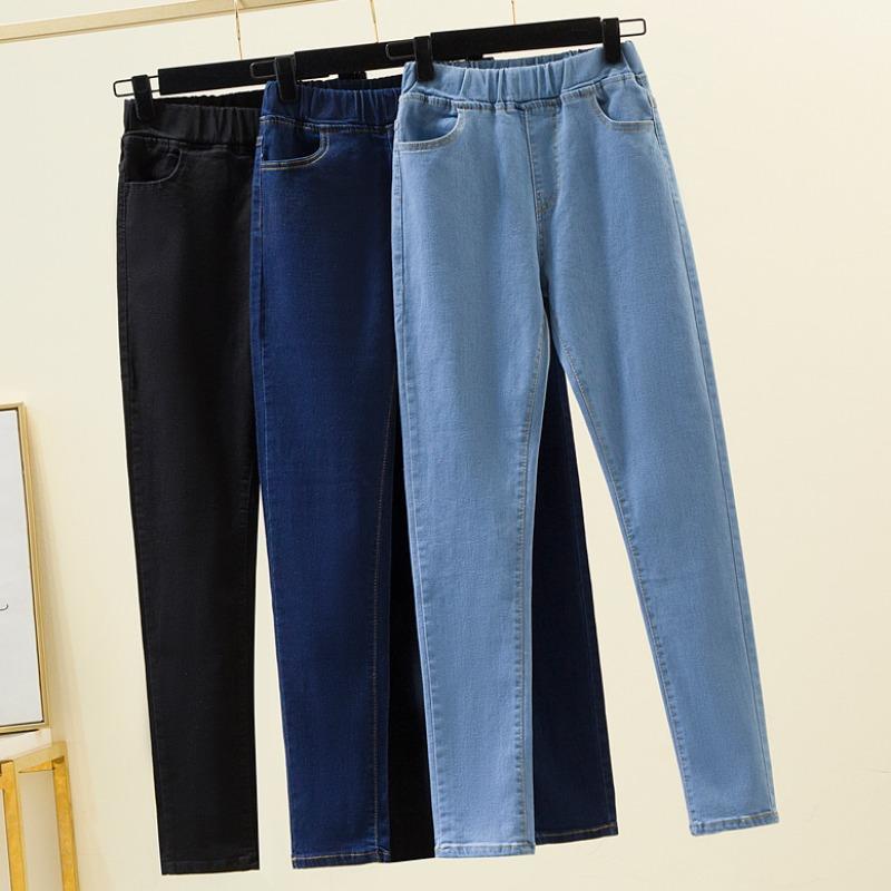 Women's Elastic Waist Jeans Spring and Summer Large Size Stretch Jeans Washed Straight Jeans