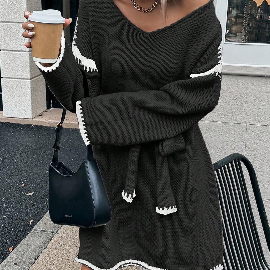Women Slouchy Fashion Tie Waist Dress Loose Knit V-neck Long Sleeve Fall Mid-length Comfortable Breathable Dresses White Dress
