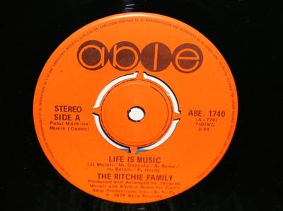 7inch Record RITCHIE FAMILY  Life Is Music ABE1740 Able 1977 Canada SoulFunk Used