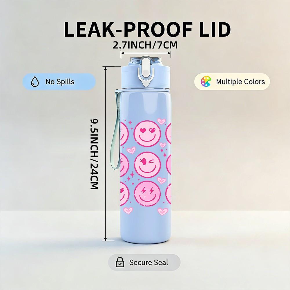 1PC Pink Smiley Face Emoji Pattern Print 750ml Color Plastic Sports Water Bottle Leakproof Flip Straw Lid Suitable for Sports Office Home Use