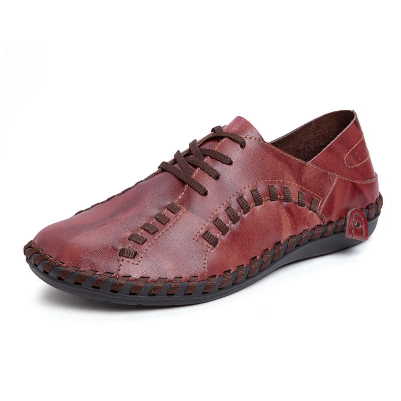 Men Handmade Loafers Retro Lace Up Solid Color Driving Flats Round Toe Anti-slip Thick Sole Lightweight Slip On Walking Shoes