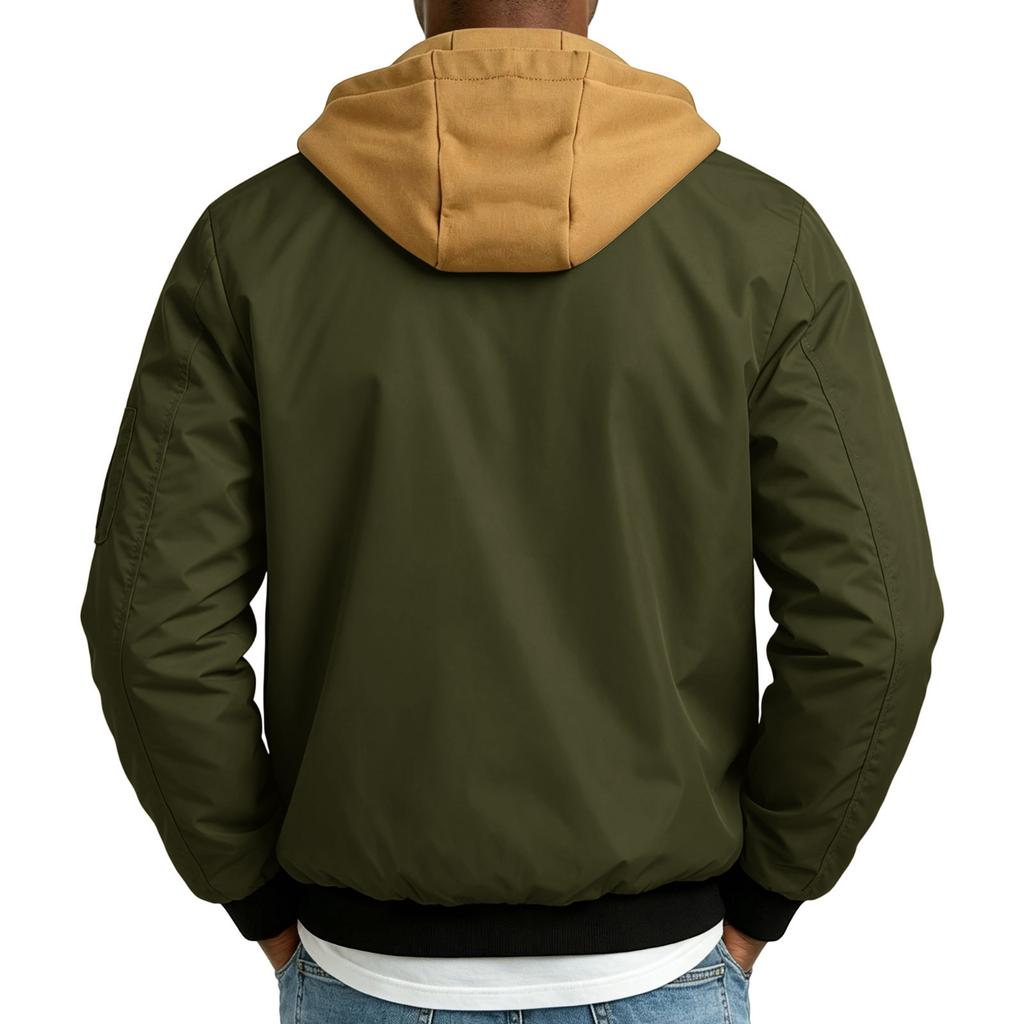 Men's Casual Hooded Flight Jacket with Plaid and Multiple Pockets
