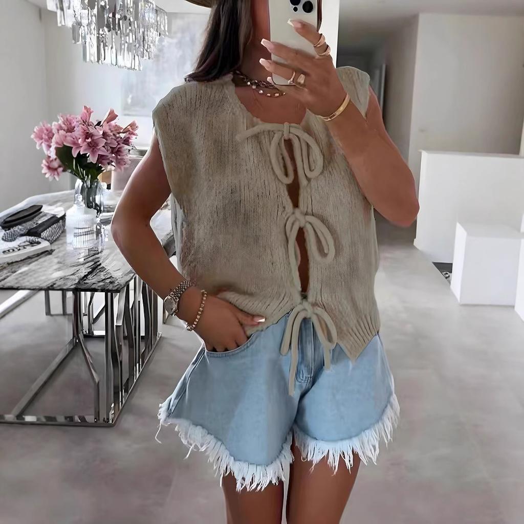 Strap Knit Vest Cardigan Summer Cross-border Hot Item Amazon New Solid Color Vest Sleeveless Sweater for Women 3538 EMA