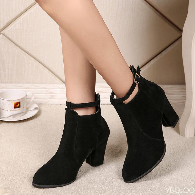 Fashion Woman Suede High Heel Ankle Boots Style Fashion Thick Heel Pointed Back Zipper Boots Women Square Heeled Short Booties