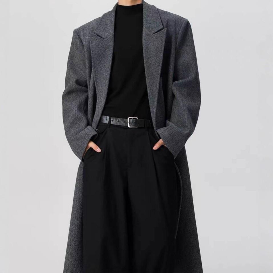 Trendy Men's Three-Button Mid-Length Wool Trench Coat with Padded Shoulders