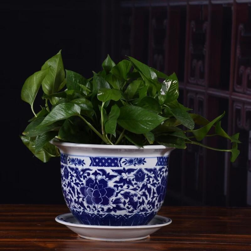 

Zhuchuang Jingpin HC Ceramic Flower Pot with Tray, Blue & White Hibiscus, No. 7 Tall