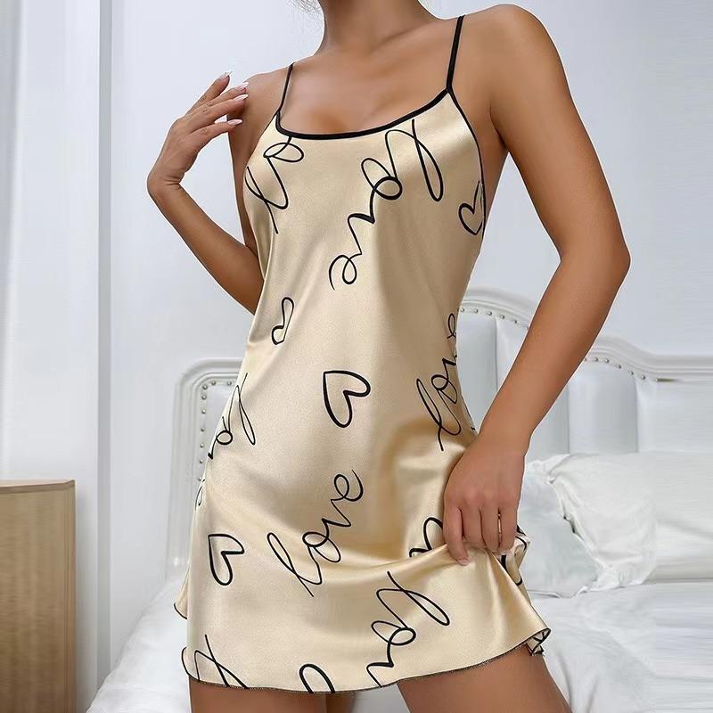 Heart Print Nightdress Elegant Scoop Neck Criss Cross Back Sleep Dress Women's Sleepwear