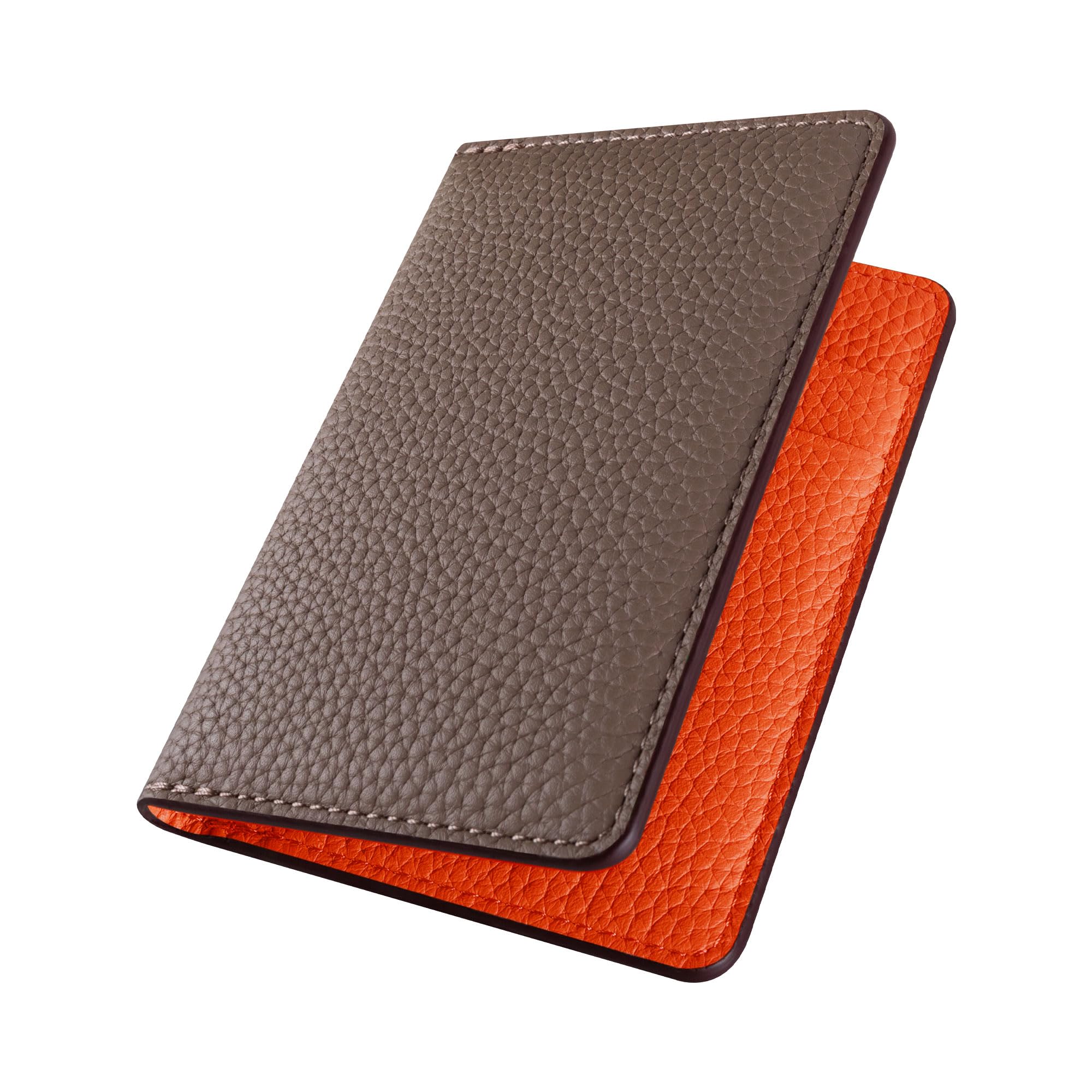 

COGURE Card Case, Genuine Shrink Calf Leather, Slim Bifold, Unisex, Gift Box Included, Windowed Pocket, Etoupe + Orange
