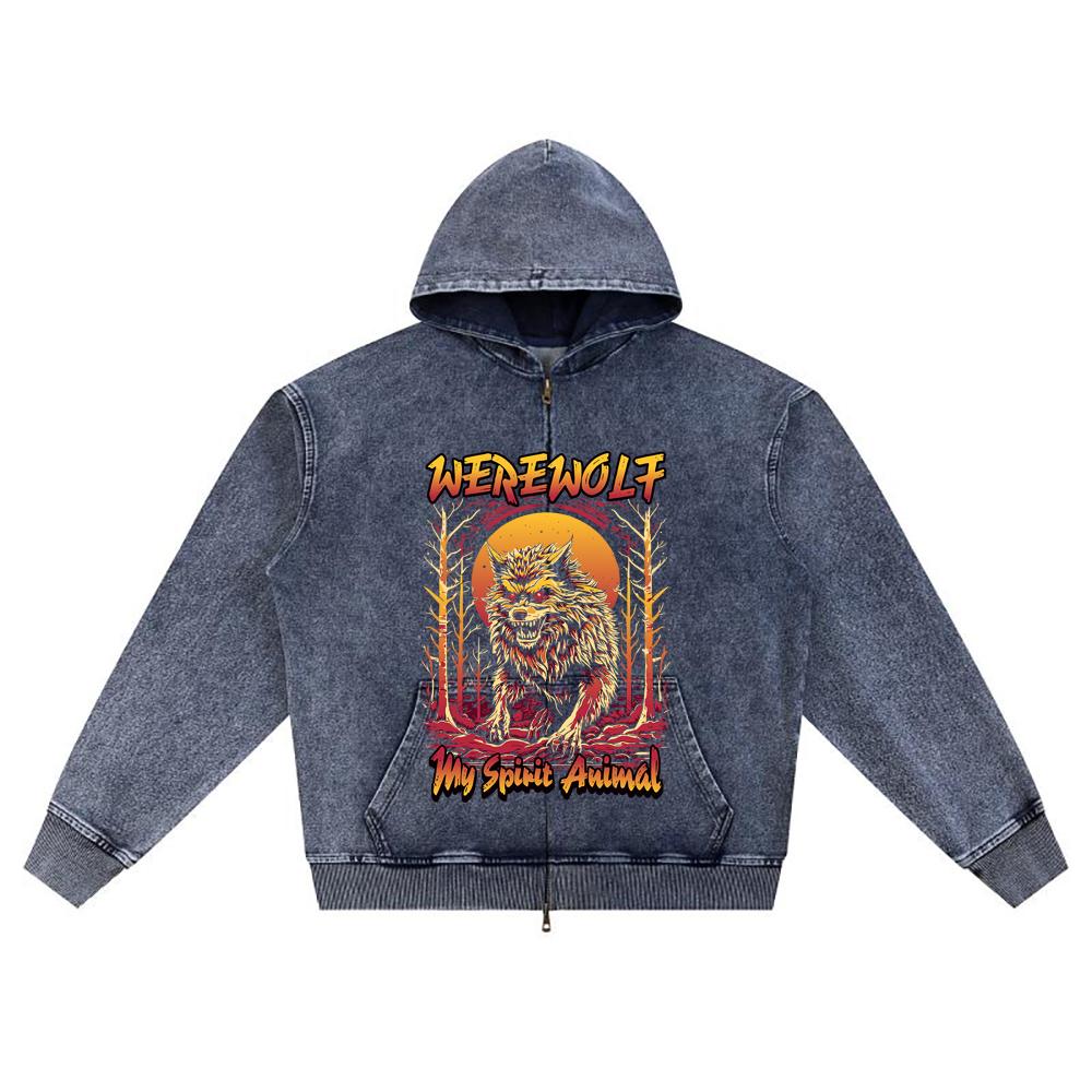 

DTG print Knitted Denim Zip-Up Hoodie Werewolf My Spirit Animal Brother Print Zipper Hoodies XL темно-синий