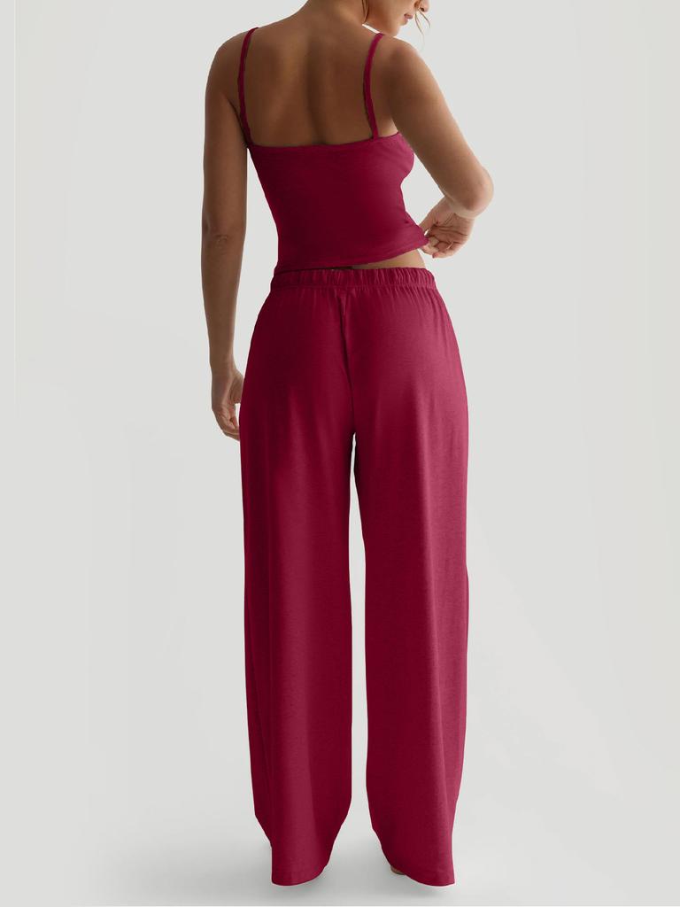 Summer Camisole Crop Top Long Pants Casual Wide Leg Pants Lazy Style Set For Women