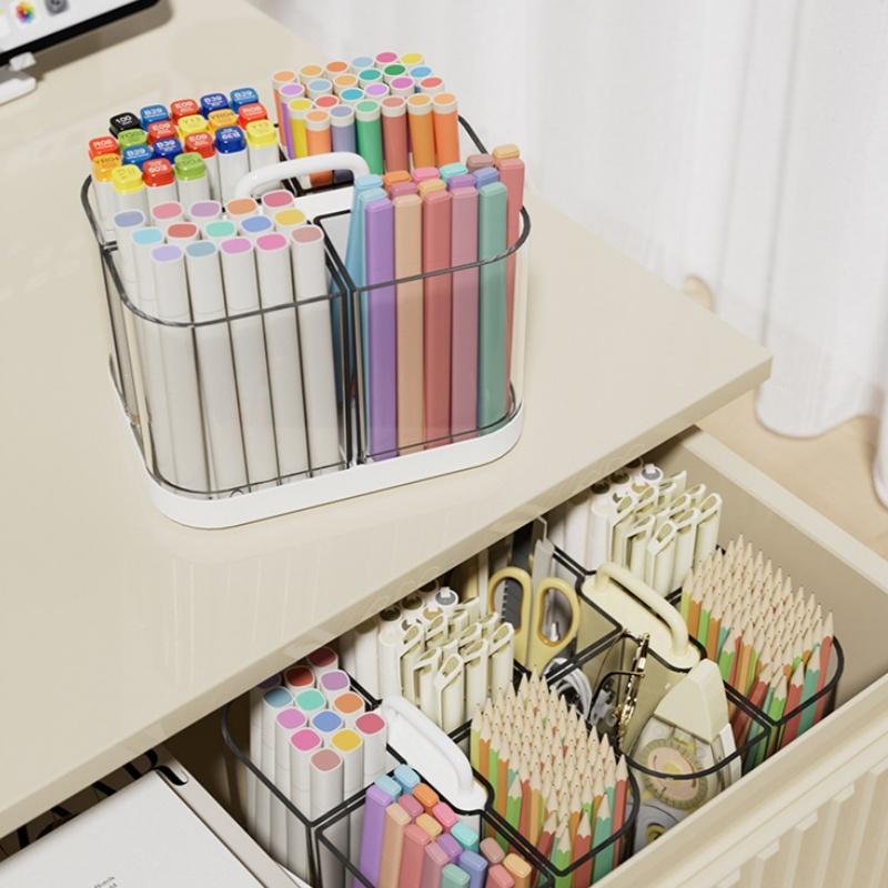 Portable Caddy With Handle, Stackable Pen Holder With 4 Compartments, Clear Pencil Organizer For Art Supplies, Crafts