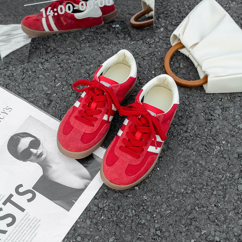 Cowhide red inner height increase three bars German training shoes women's shoes flat bottom versatile shallow mouth comfortable sports and leisur