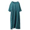 Johnature Women Vintage Solid Color Dress O-Neck Half Sleeve Summer Loose Female Fold High Waist Dress