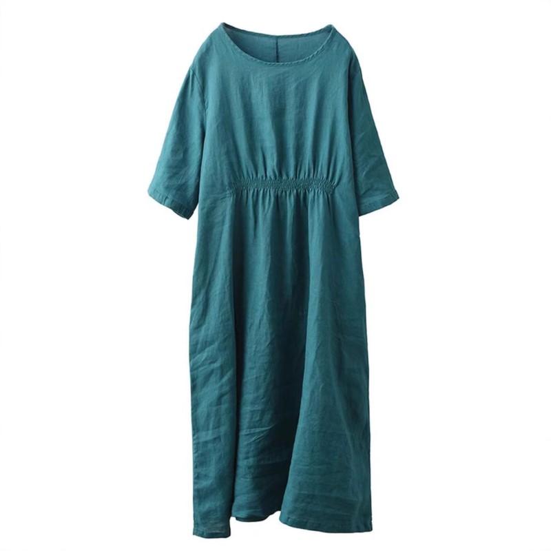 Johnature Women Vintage Solid Color Dress O-Neck Half Sleeve Summer Loose Female Fold High Waist Dress