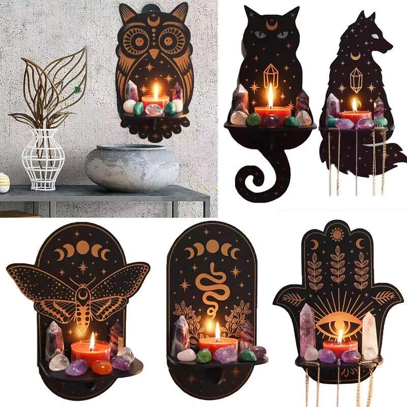 New Wall Hanging Candlestick Wooden Carving Owl Animals Foxes Cat Book Crystal Storage Rack Home Christmas New Year Decor Gifts