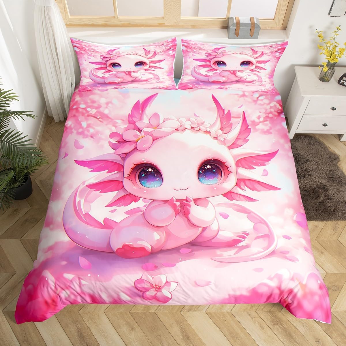 

Comforter Kids Axolotl Full Kingcute Ocean Animal Bedding Set Marine Life Romantic Comforter Pink Coral Plant Bed Comforter (quilt)-EU Single(135*200cm)3pcs