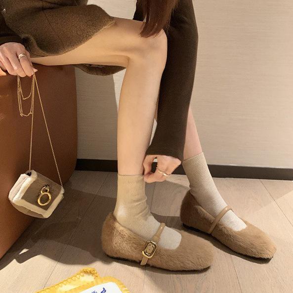 Real Wool Version~ Inner Height Increase 4cm Grape Ma Ballet Single Shoes Velvet Warm Fluffy Shoes Women Wear Mary Jane Shoes In Winter