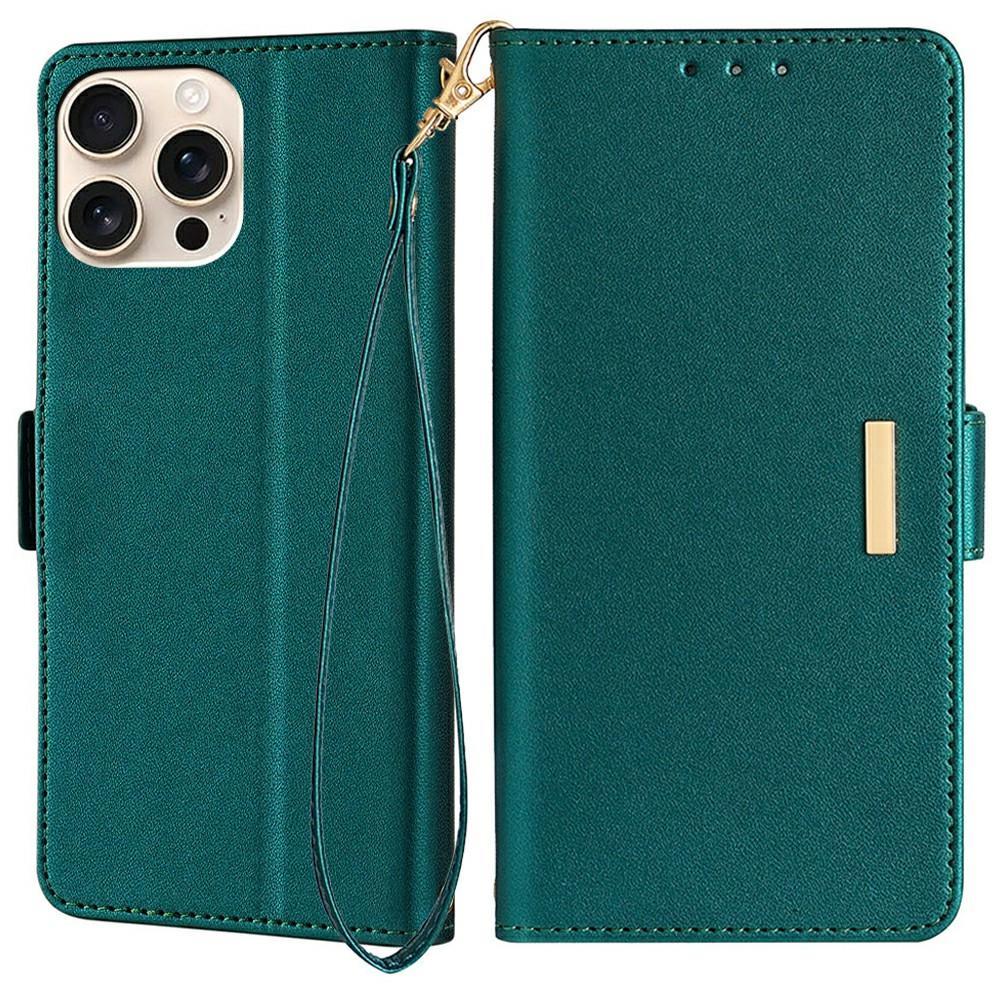 

For iPhone 16 Pro Max Leather Wallet Case RFID Blocking Stand Cover with Hand Strap F