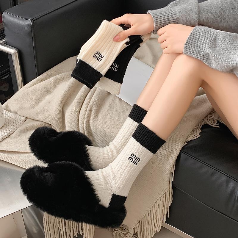 MIU Women's Wool Embroidered Mid-Calf Socks, Trendy Warm Slouch Socks for Autumn/Winter, Postpartum Friendly.