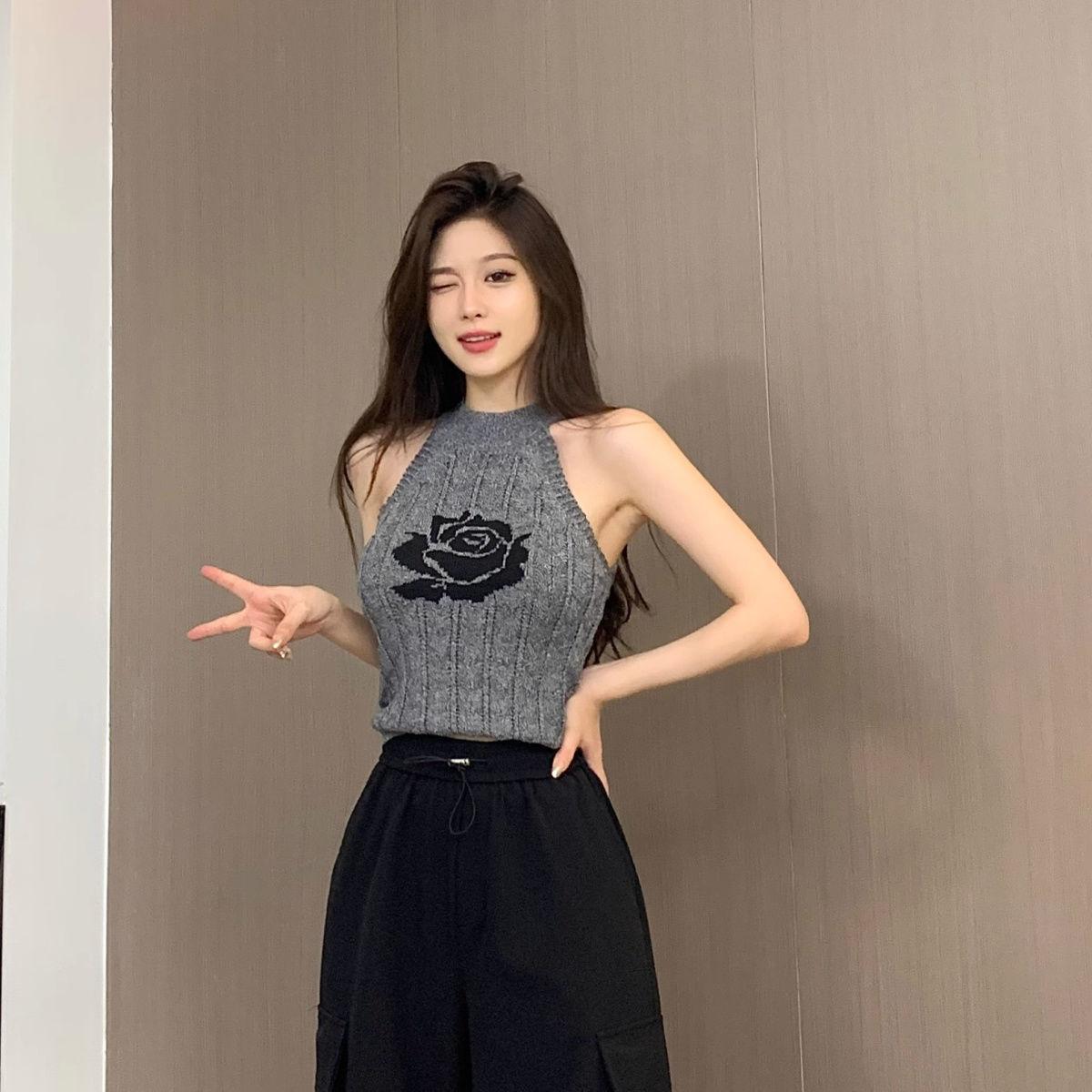 

Горячая девушка облегающий жаккардовый топ-халтер женский внутренний базовый слой без рукавов вязаный топ летний короткий топ с высокой талией XL серый