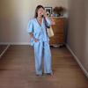 French Sweet Style Solid Vneck Bubble Sleeve Pantsuit With Tie For Summer Casual Wear