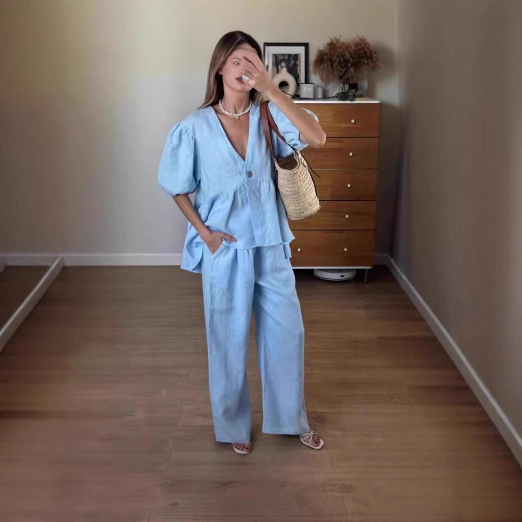 French Sweet Style Solid Vneck Bubble Sleeve Pantsuit With Tie For Summer Casual Wear