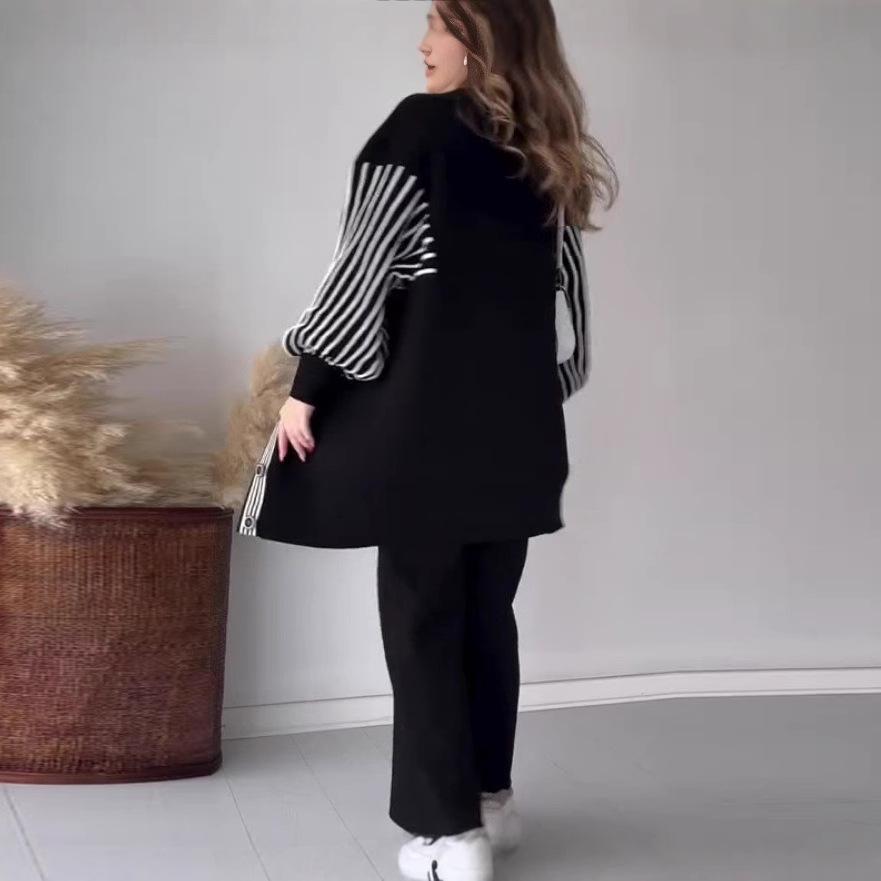 In Stock 2025 Autumn/Winter European & American Fashion Striped Casual Lazy Style Set