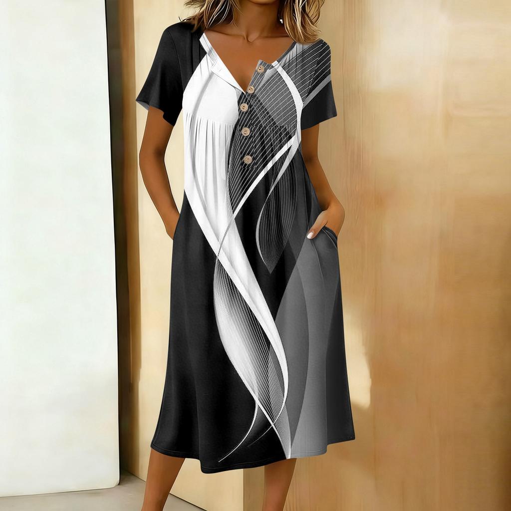 Vestido Casual Feminino Moderno Estampado Retrô Gola Redonda Manga Curta Botão na Gola Comprimento Médio