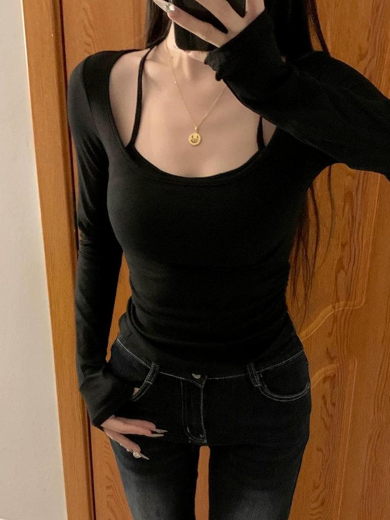 Damski 2025 Jesień/Zima Szczotkowany Slim Fit Długi Rękaw Warstwowy T-shirt z Wkładką na Biust.