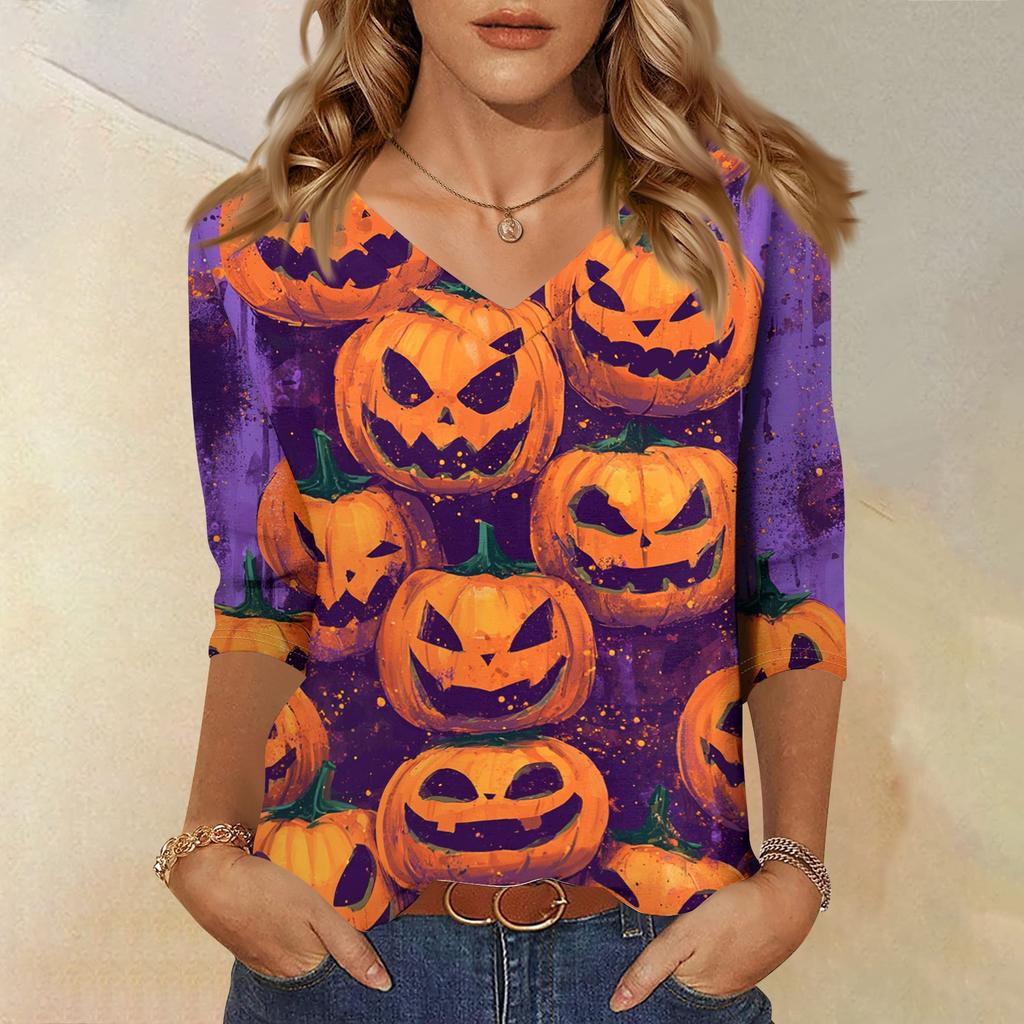 Women's Casual Halloween Print V Neck Top Three Quarter Sleeve Lightweight Blouse for Fall Seasonal Wear