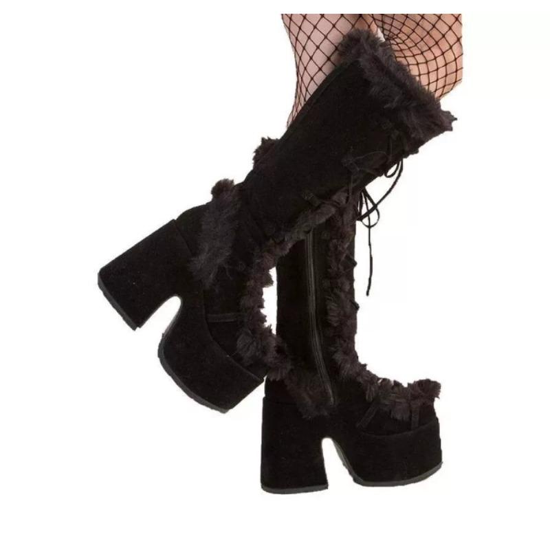 Fashion New Winter Women Snow Boots Platform Wedge High Heel Faux Fur Lady Shoes Female Plush Warm Non-slip Mid Calf Boots Goth Shoes