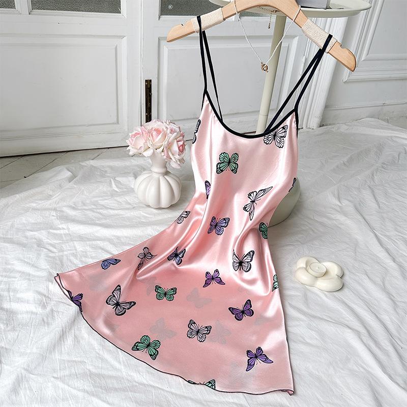 Halter noční košile Sexy noční košile bez zad pro ženy simulace hedvábí Ležérní prodyšná sukně s motýlkem s potiskem