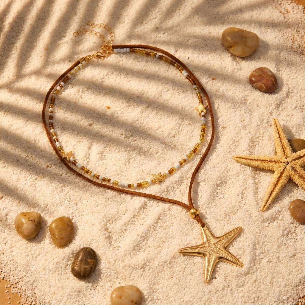 Bohemia Metal Starfish Pendant Collarbone Necklace For Women Colorful Rice Beads Rope Chain Choker Beach Party Jewelry Gifts