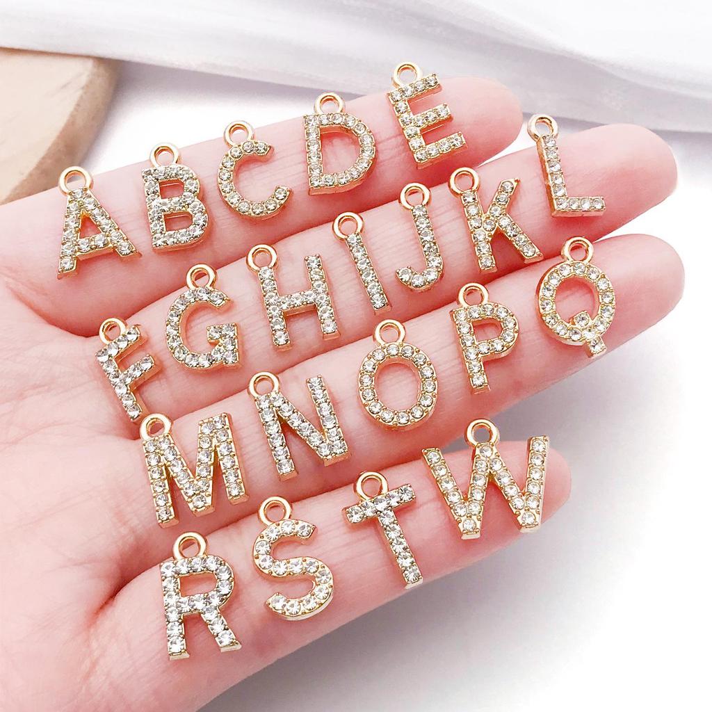 Gold White K Zinc Alloy Rhinestone 26-Letter Pendant for DIY Jewelry Accessories, Necklace, or Keychain.