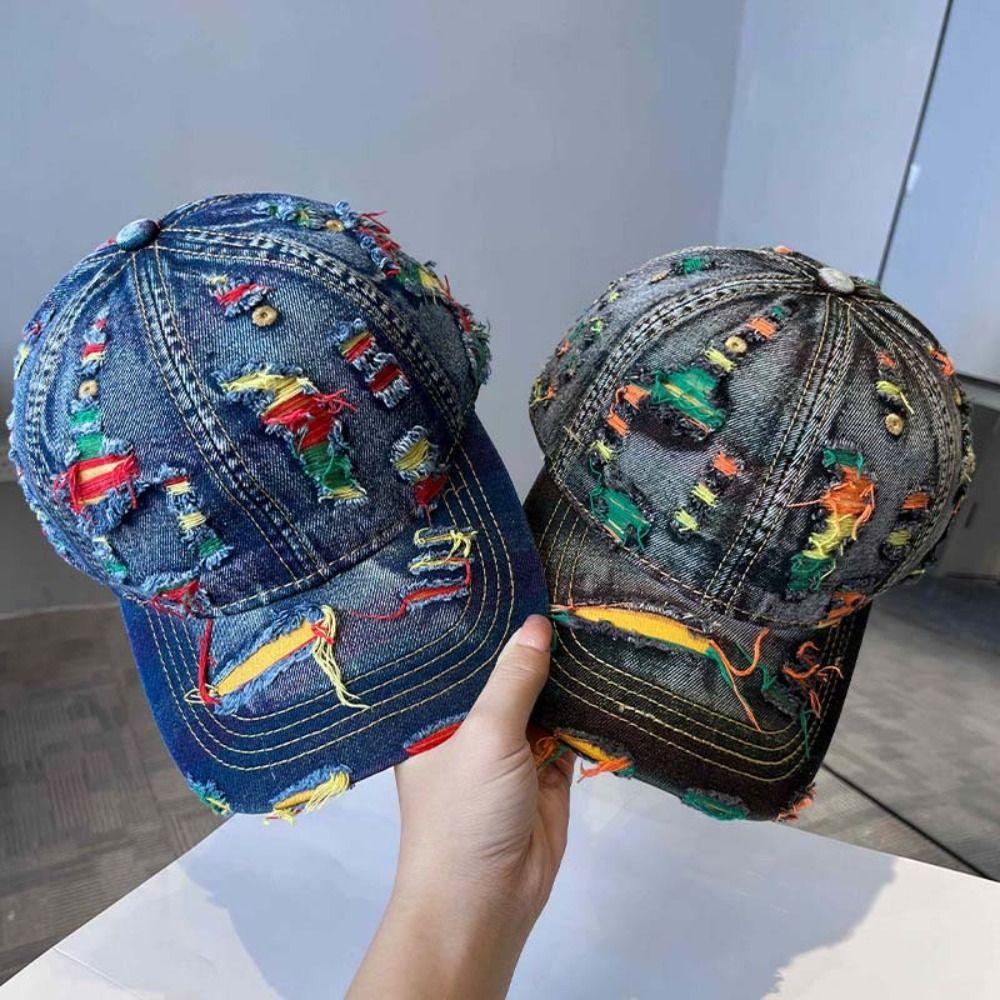 Sunshade Frayed Denim Baseball Cap Adjustable Distressed Colorful Casquette  Daily