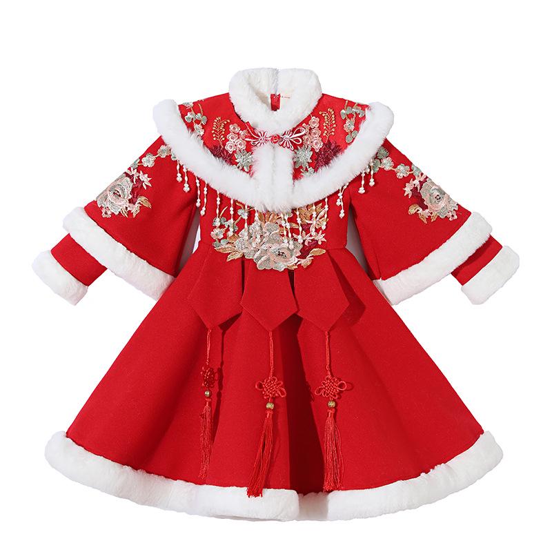 Girls' Velvet-Lined Winter Hanfu Dress - Chinese New Year Festive Outfit