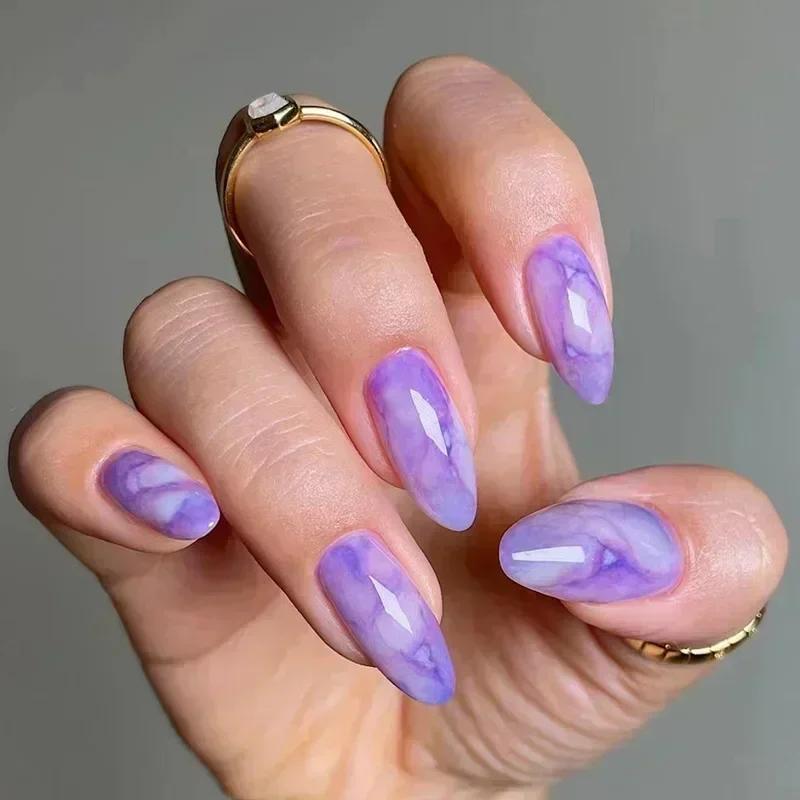 24Pcs Short Almond False Nails Press on Colourful Halo Dyeing Wearable Blue Starry Sky French Fake Nails Set Manicure Nail Art