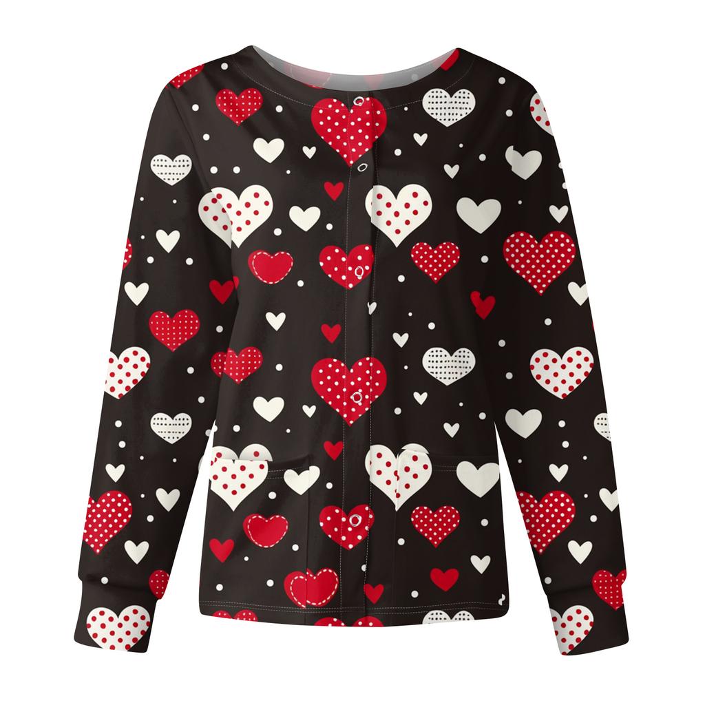 Women's Casual Fashion Long Sleeve Standing Collar Single Breasted Valentine's Day Print Workwear Jacket Tops