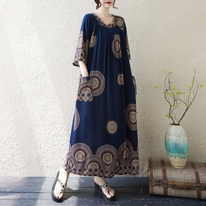 Krátký rukáv Plus size Bavlněné vintage květinové nové šaty pro ženy ležérní volné dlouhé letní šaty