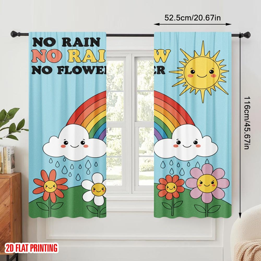 2pcs 2D Flat Printing Party Curtain Rainbow Flower Sun Clouds Fabric Without Electricity Festive Wall Decor Perfect for Gold