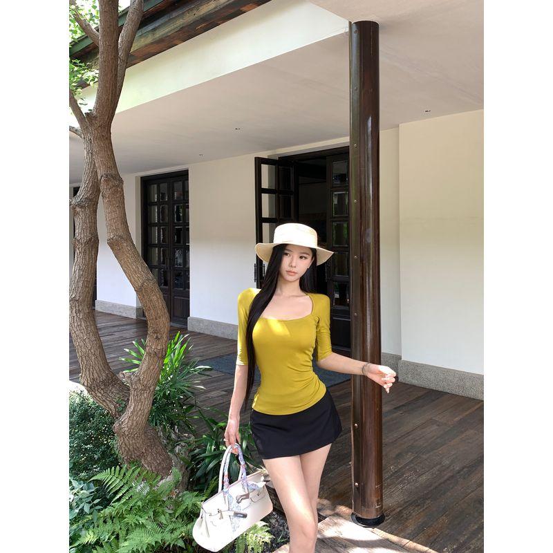 Kumikumi Pure Desire Style Suit Black Sexy Half Sleeve T-shirt Female Autumn High Waist Slimming Skirt Two-piece Set