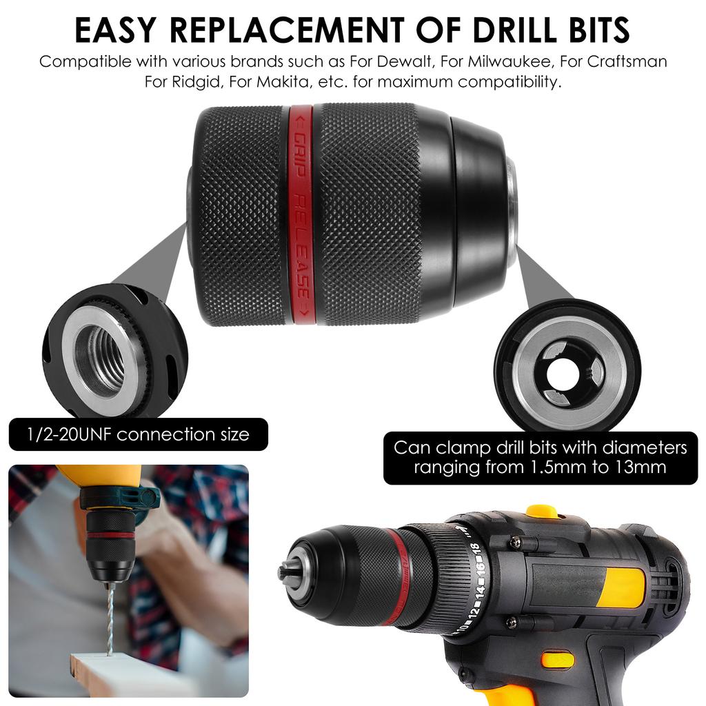 Keyless Drill Chuck Hex Shank 1/2-20UNF 1.5-13mm Socket Square Female Adaptor Self-tighten Drill Chuck Electric Drill Adapter