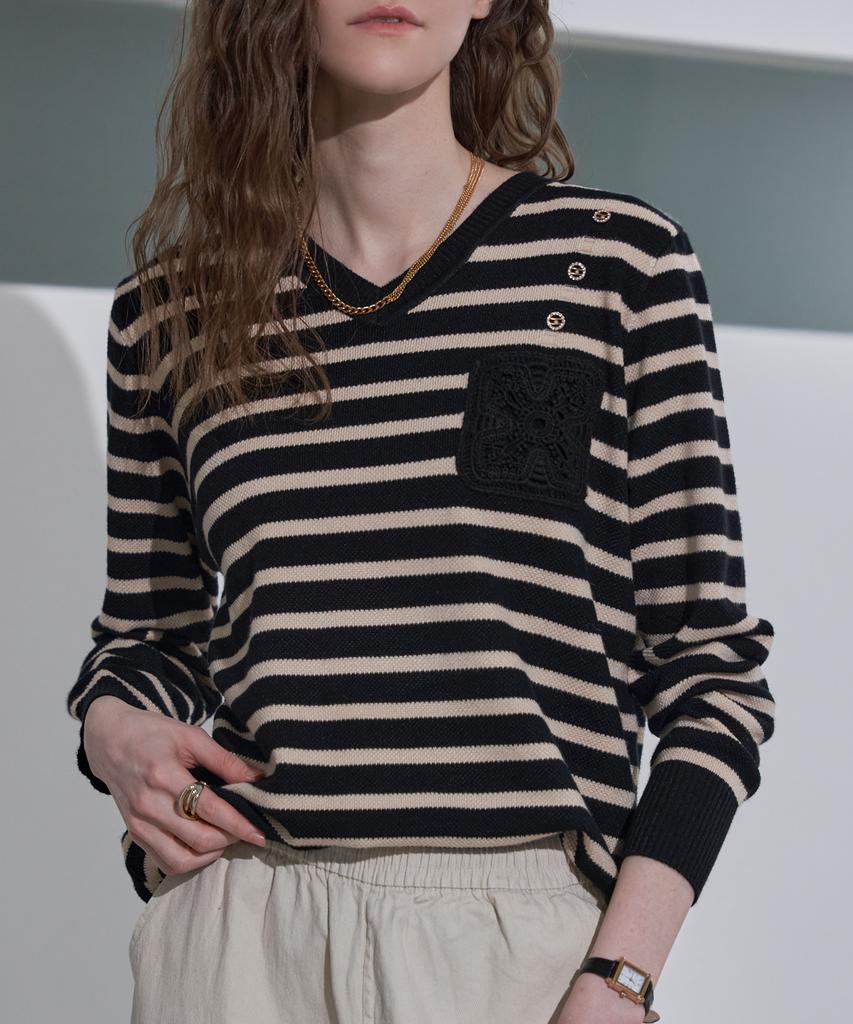LENIC&MCCOY V-Neck Contrast Embroidered Patch Knit Mn03Kn070Fjy