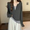 Fake Two Pieces Patchwork Pullovers Female Clothing Casual Long Sleeve Spring Autumn Korean Solid Color All-match V-Neck T-shirt