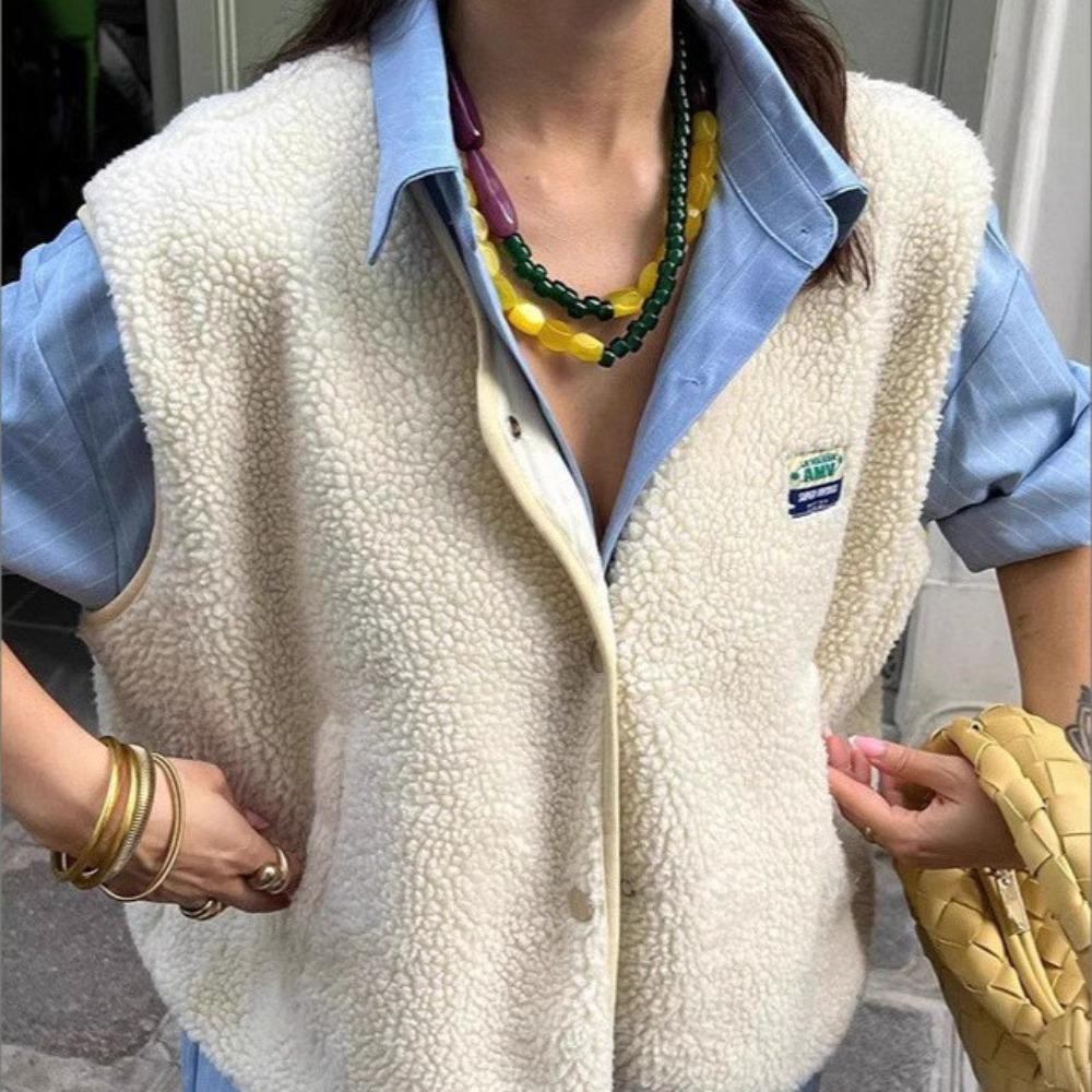 Women's Sleeveless Fleece Vest, Casual Loose Single Breasted Sherpa Waistcoat Open Front Warm Teddy Vest Outerwear for Spring Autumn