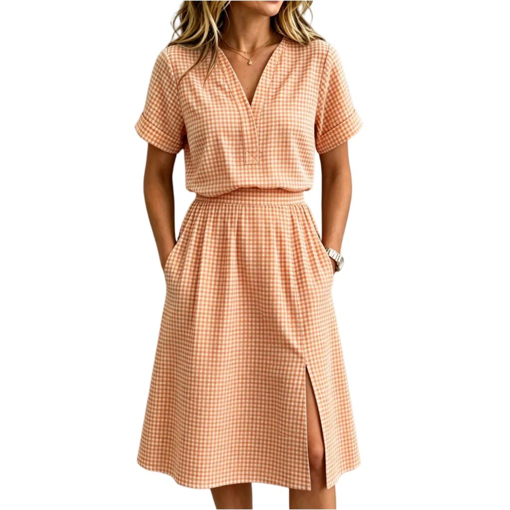 Women's Plaid Two-Piece Outfit, Short Sleeve Button Top with Pocket and Matching Skirt, Summer Casual Set